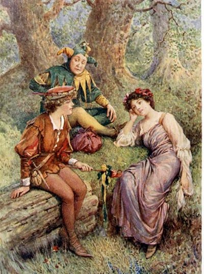 Rosalind, Celia és Touchstone az „As You Like It”-ben a „Shakespeare-i gyerekek történeteiből”, Edith Nesbit (1858-1924) pub. szerző: Raphael Tuck & Sons Ltd., London (könyvillusztráció) alkotó: Howard Davie