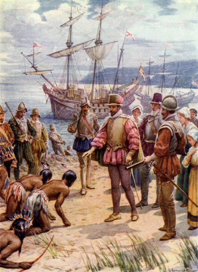 Sir Walter Raleigh, leszállás Virginiában (színes litho) alkotó: Howard Davie