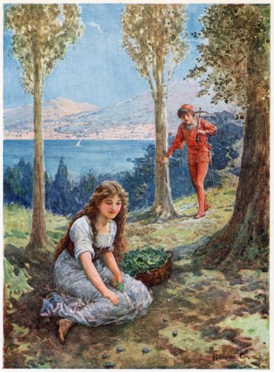 "Hirtelen megállt, és elragadtatva nézett" Lilia E. Romano olasz tündérmeséiből, a Raphael Tuck & Sons kiadásában (színes litó) alkotó: Howard Davie