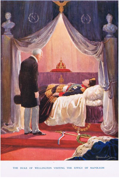 Wellington hercege meglátogatja Napóleon képmását, illusztráció a „Madame Tussauds”-ból (színes litó) alkotó: Howard Davie