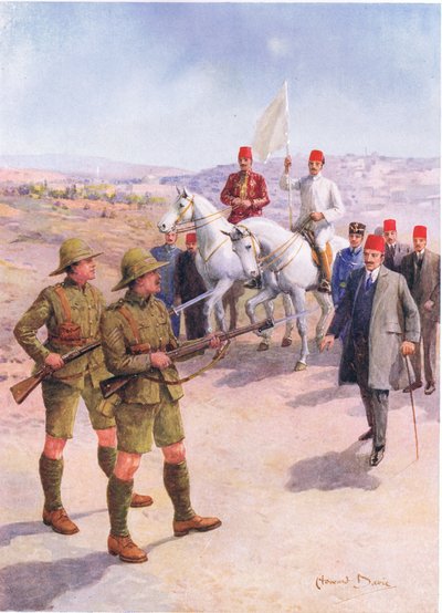 „Jeruzsálem megadása a londoni ezred Hurcombe őrmesterének”, illusztráció a „Bátor férfiak bátor tettei” című könyvéből, C. Sheridan Jones, pub. 1922 (litó) alkotó: Howard Davie
