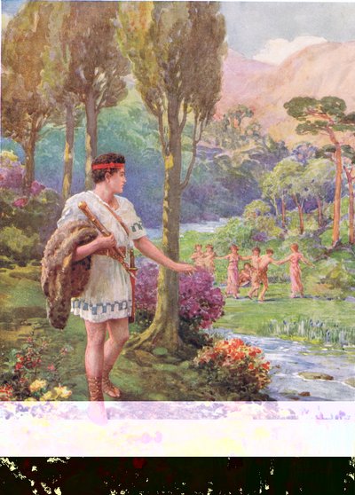 „A sziklák és a fák árnyékában nimfák és pásztorok táncoltak”, illusztráció a „Hogyan ölte meg Theseus az emberek felfalóit” című művéhez, Charles Kingsley (1819-75) A görög tündérmesék hőseiből (színes litó) alkotó: Howard Davie