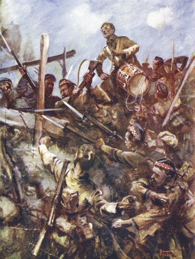 Walter Ritchie dobos az ellenség mellvédjén állt, hogy megszólaltassa a rohamot, heves géppuskalövések és bombatámadások alatt, Beaumont Hamel, Franciaország, 1916. július 1. alkotó: Howard K. Elcock
