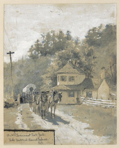 Régi állami vámkapu nyugat felé tartó expresszel, rajz William Henry Rideing „The Old National Pike” című cikkének illusztrációjához alkotó: Howard Pyle