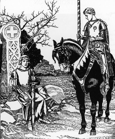 Arthur-legenda: Galahad találkozik Melyas de Lyle-lel Howard Pyle (1853-1911) illusztrációja A Grál története és Arthur elmúlása című 1910-es magángyűjteményből alkotó: Howard Pyle