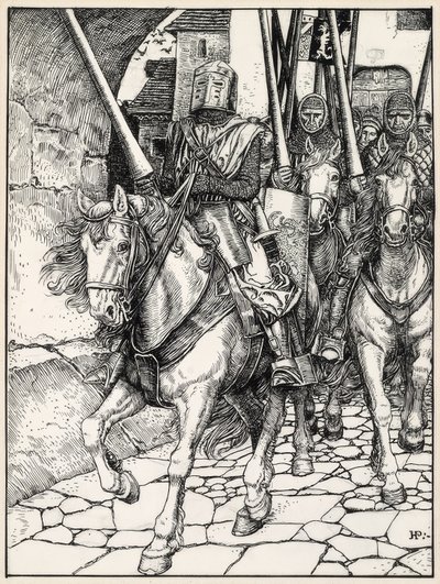 Elindultak csattogó patákkal és csörgő páncéllal. alkotó: Howard Pyle