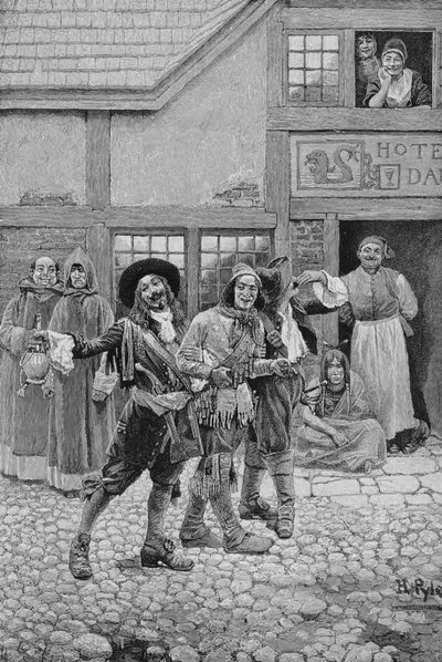 Coureurs de Bois, metszett G.E. Johnson, illusztráció a „Canadian Voyageurs on the Saguenay” című művéből, C.H. Farnham, kocsma. a Harper