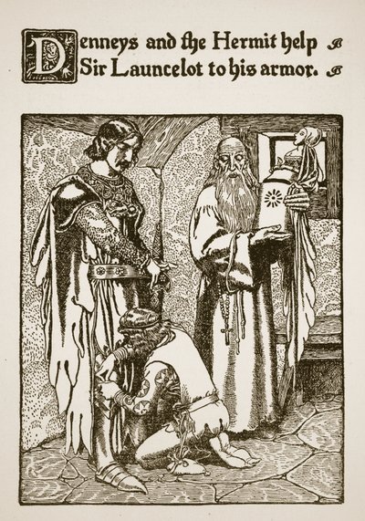 Denneys és a Remete segít Sir Launcelotnak a páncéljában, illusztráció a "Sir Launcelot és társai történetéből", 1907. alkotó: Howard Pyle