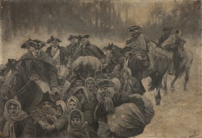 Öt vörös köpenyes katona lóháton, egy másik, szemig érő köpenyben... körülöttük szegény emberek, fiatalok és öregek vegyes csoportja... alkotó: Howard Pyle