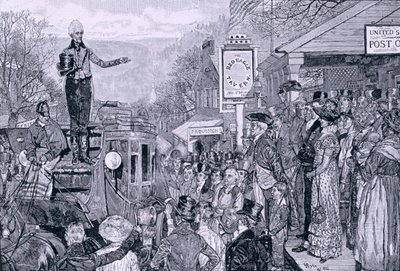 „Jackson tábornok, megválasztott elnök, útban Washingtonba”, illusztráció az „Elnöki előrehaladás”, pub. a Harper
