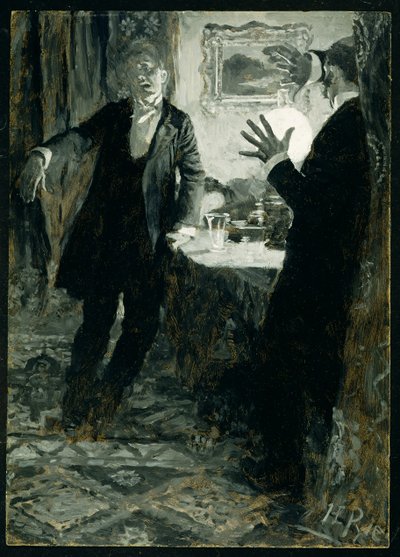Ajkára tette a poharat, és egy kortyra ivott, a Dr. Jekyll és Mr. Hyde, Robert Louis Stevenson (1850-94), amerikai kiadás, 1895-ben (olaj, vászon) alkotó: Howard Pyle