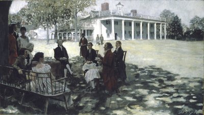 Martha és George Washington barátaikat szórakoztatja a Mount Vernon gyepen, 1898 (olaj és grisaille, vászon) alkotó: Howard Pyle