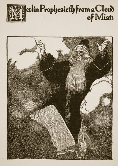 Merlin Prophesieth a ködfelhőből, illusztráció a Sir Launcelot és társai történetéből, 1907 alkotó: Howard Pyle