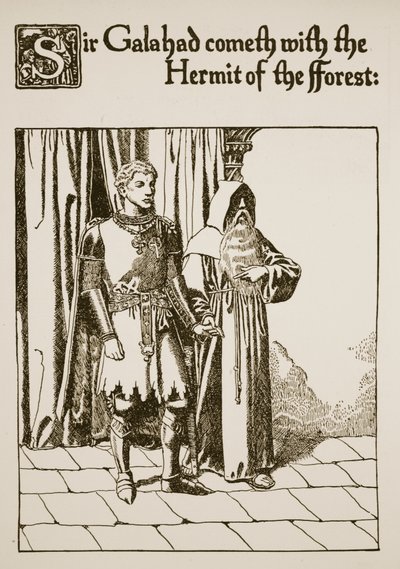 Sir Galahad az erdei remetével érkezik, illusztráció a "A Grál története és Artúr elmúlása" című könyvből, 1910 körül. alkotó: Howard Pyle