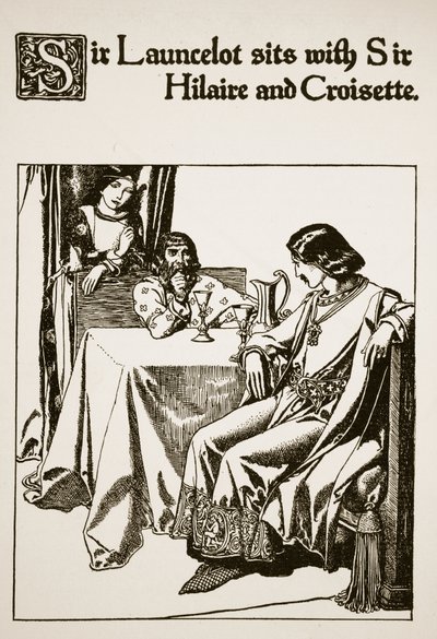 Sir Launcelot Sir Hilaire-rel és Croisette-tel ül, illusztráció a „Kerekasztal bajnokainak története” című művéből. alkotó: Howard Pyle