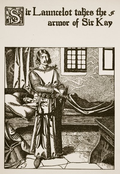 Sir Launcelot átveszi Sir Kay páncélját, a „The Story of the Champions of the Round Table” című illusztrációját. alkotó: Howard Pyle