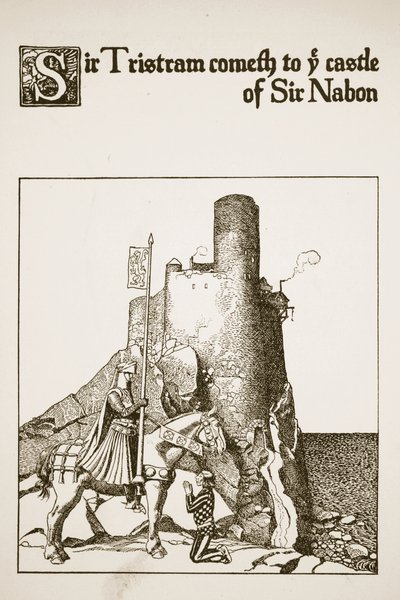 Sir Tristram megérkezik Sir Nabon kastélyába, illusztráció a „A kerekasztal bajnokainak története” című könyvből. alkotó: Howard Pyle