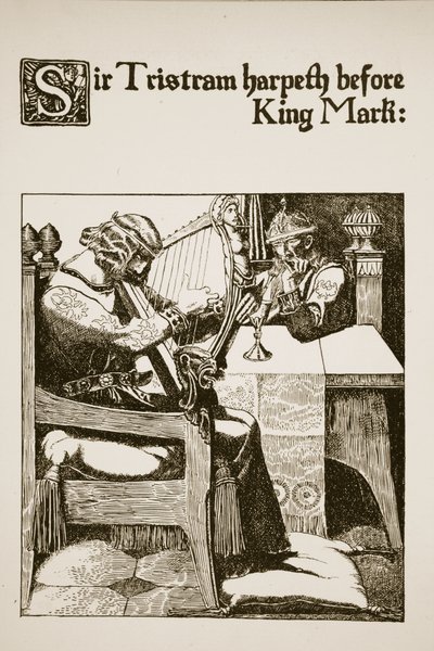 Sir Tristram Harpeth Márk király előtt, illusztráció a "A kerekasztal bajnokainak története" című filmből alkotó: Howard Pyle