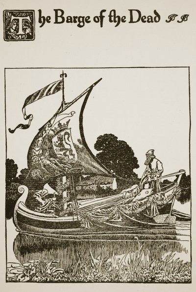 A holtak bárkája, illusztráció a "Sir Launcelot és társai története" című könyvből, 1907 alkotó: Howard Pyle