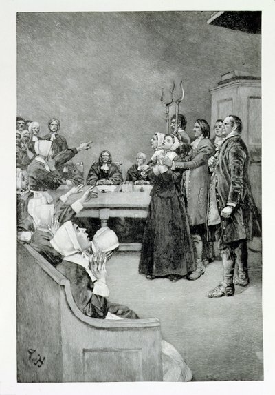 Egy boszorkány tárgyalása, illusztráció a „Giles Corey, Yeoman” című művéből, Mary E. Wilkins, pub. a Harper