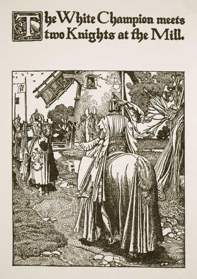 A Fehér Bajnok találkozik két lovaggal a malomban, illusztráció az „Artúr király és lovagjai története” című 1903-as alkotó: Howard Pyle