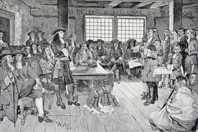 William Penn konferencia a gyarmatosítókkal, illusztráció a "William Penn első látogatása Amerikában" kocsmából. a Harper