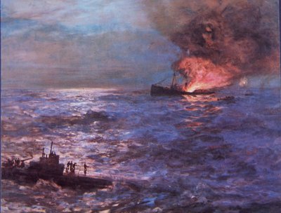 Német tengeralattjáró által lőtt kereskedelmi hajó a 2. világháborúban (színes litográfia) alkotó: Howard Russell Butler