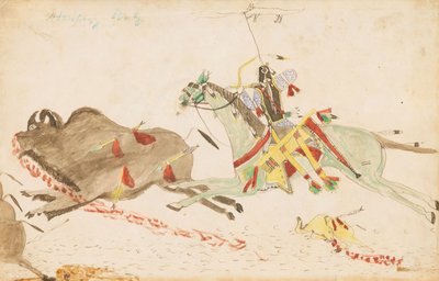 Üvöltő farkas bölényre vadászik, 1874-75 (toll, tinta és wc főkönyvi papírra) alkotó: Howling Wolf