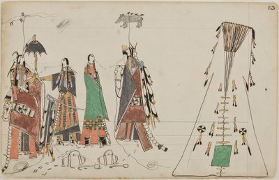 Howling Wolf and Feathered Bear Are Courting Two Girls at the Spring Where They Were Getting Water (toll, tinta, & wc on ledger paper) alkotó: Howling Wolf