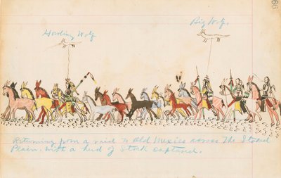 Visszatérés egy razziáról Old Mexikóba a Staked Plains-on át, 1874–1875-ben elfogott állománycsordával (toll, tinta és WC a főkönyvi papíron) alkotó: Howling Wolf