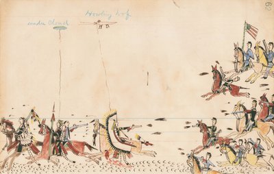 Under Cloud és Üvöltő farkas harcol Sully tábornokkal 1868-ban, a 7. barlangban a jelenlegi tábor utánpótlás közelében, 1874-75 (toll, tinta és WC a főkönyvi papíron) alkotó: Howling Wolf