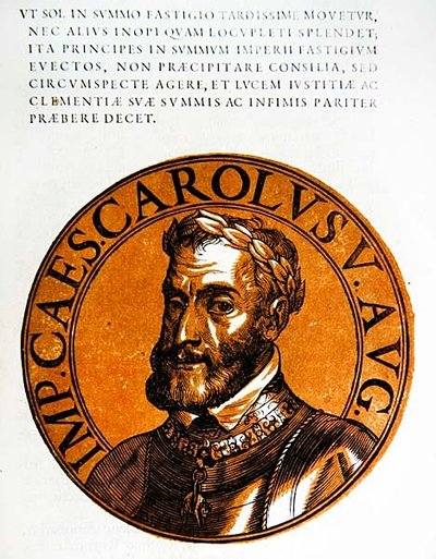 V. Károly, a római római császár medálos portréja alkotó: Hubert (after) Goltzius