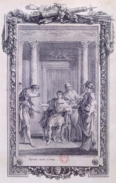 Cinna avagy Augustus kegyelme, Pierre Corneille (1606-1684) tragédiája, Gravelot metsze (1699-1773) alkotó: Hubert Francois Gravelot