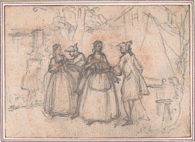 Tanulmány „A gyanús vásár” című műhöz, maratott vignetta a „Dalok a Flora operában” című kiadványban alkotó: Hubert Francois Gravelot