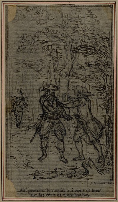 Tanulmány Colle "La Partie de Chasse de Henri IV" című művének II. felvonásából készült vignetta-előképhez. alkotó: Hubert Francois Gravelot
