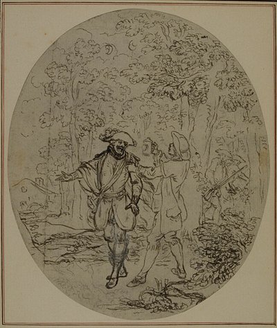 Tanulmány Colle "La Partie de Chasse de Henri IV" című művének második, soha ki nem adott kiadásához, II. felvonás, 11. jelenet. alkotó: Hubert Francois Gravelot