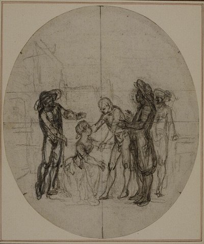 Tanulmány Colle "La Partie de Chasse de Henri IV" című művének második, soha ki nem adott kiadásához, III. felvonás, 11. jelenet. alkotó: Hubert Francois Gravelot
