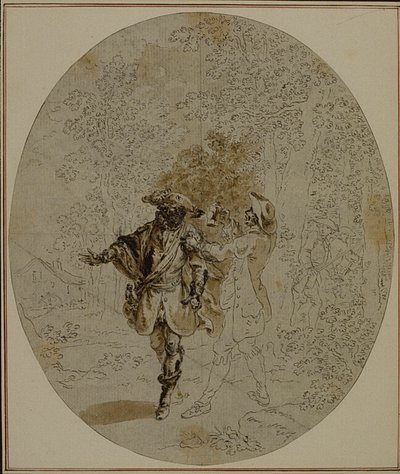 Tanulmány Colle "La Partie de Chasse de Henri IV" című művének második, soha ki nem adott kiadásához, II. felvonás, 11. jelenet. alkotó: Hubert Francois Gravelot
