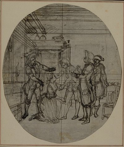 Tanulmány Colle "La Partie de Chasse de Henri IV" című művének második, soha ki nem adott kiadásához, III. felvonás, 11. jelenet. alkotó: Hubert Francois Gravelot