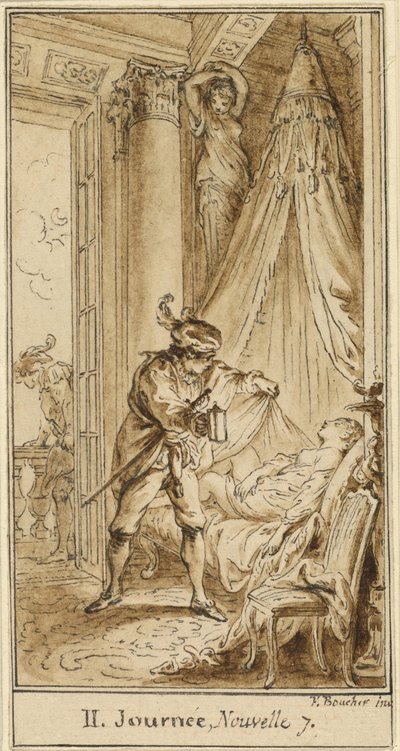 Második nap, hetedik történet: Athén hercege az alvó Alatiel hercegnőről elmélkedik alkotó: Hubert François Gravelot after François Boucher