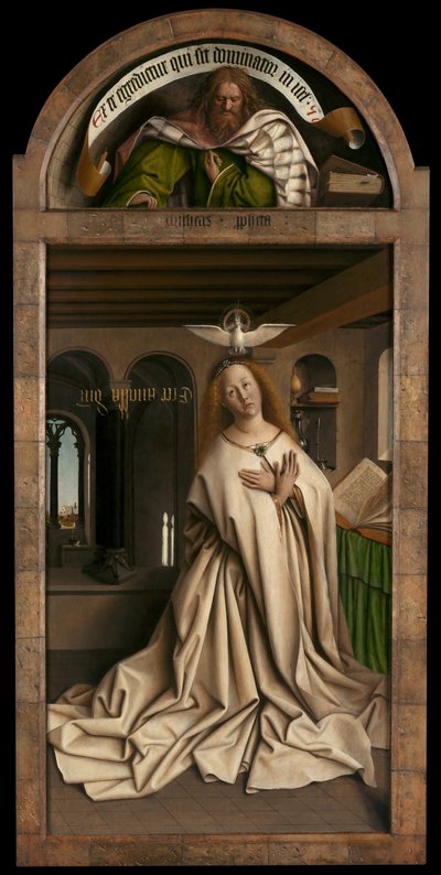 Lunette: Mikeás próféta. Alsó panel: Virgin Annunciate, a genti oltárkép jobb oldali paneljének kívülről alkotó: Hubert & Jan van (1390-1441) Eyck