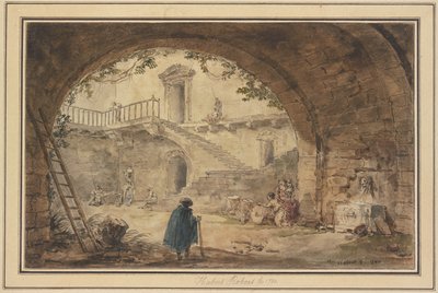 Boltozat antik kúttal és kilátással egy lépcsőre alkotó: Hubert Robert