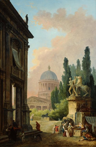 Róma képzeletbeli kilátása a Monte Cavallo lószelídítőjével alkotó: Hubert Robert