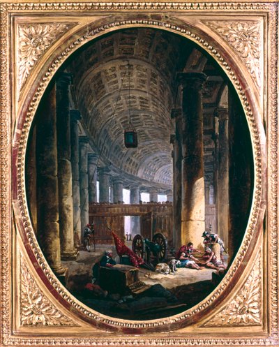 "A római Szent Péter oszlopcsarnok belseje az 1769-es konklávé idején" alkotó: Hubert Robert