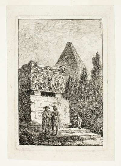 Tájkép piramissal és szarkofággal, hatodik lemez a Les Soirées de Rome-ból alkotó: Hubert Robert