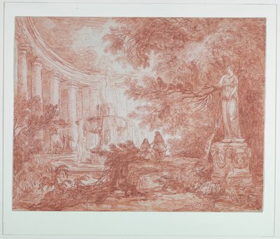Park szökőkúttal és szoborral alkotó: Hubert Robert