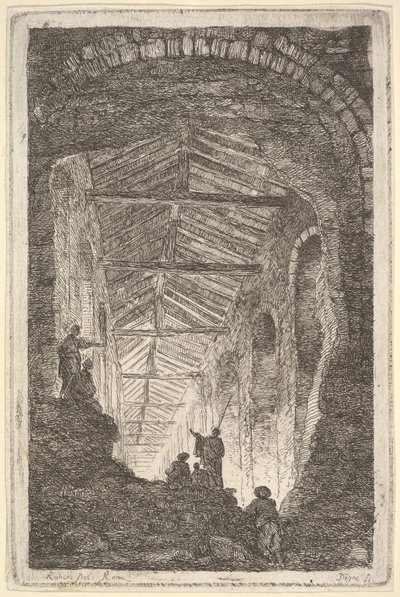 10. tábla: Az ókori galéria: nagy fedett galéria, a bacból beszűrődő fény..., kb. 1763-64. alkotó: Hubert Robert