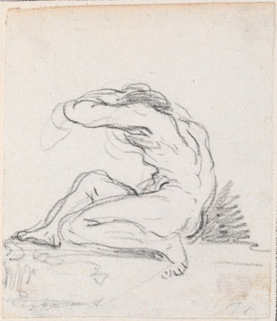 Ülő férfi akt karral a fej fölött, oldalról nézve alkotó: Hubert Robert