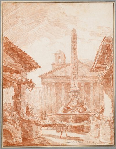 Kilátás a római Piazza della Rotondára a Tritons-kúttal és a Pantheon homlokzatával alkotó: Hubert Robert