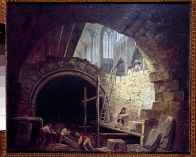 A Szent Dénes-bazilika királyi pincéinek megsértése 1793 októberében. Hubert Robert (1733-1808) festménye alkotó: Hubert Robert